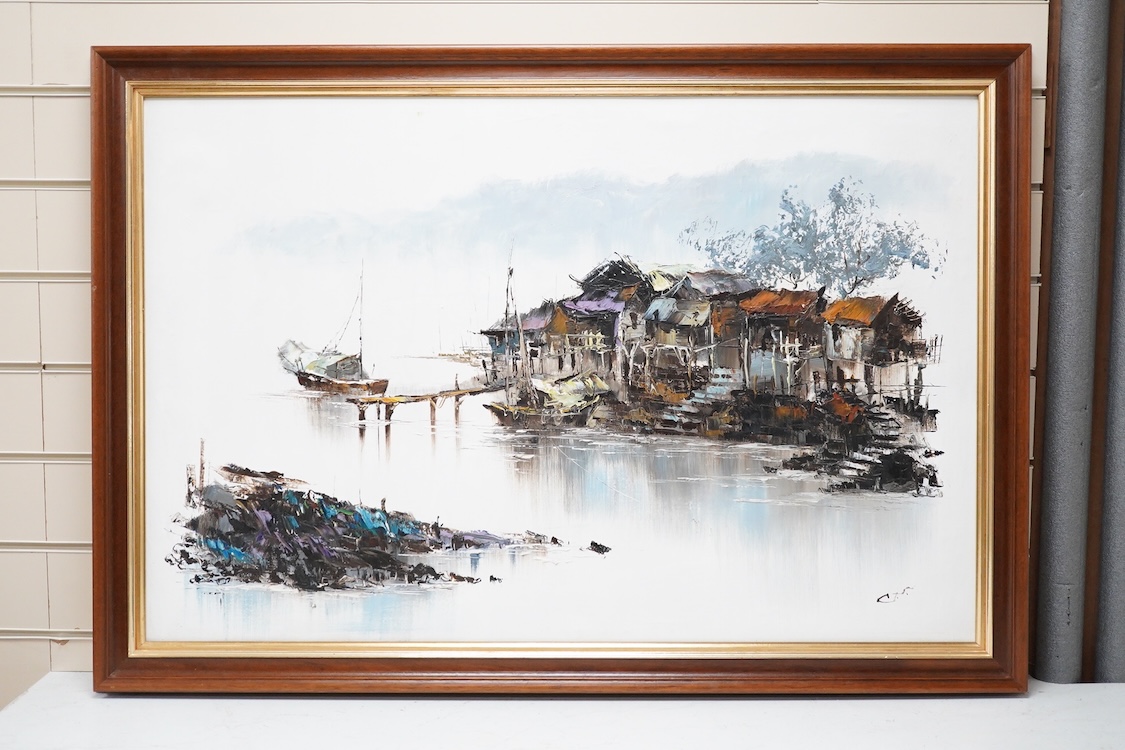 Oriental School, River scene with Chinese junks and houses, indistinctly signed, oil on canvas, 58 x 88cm